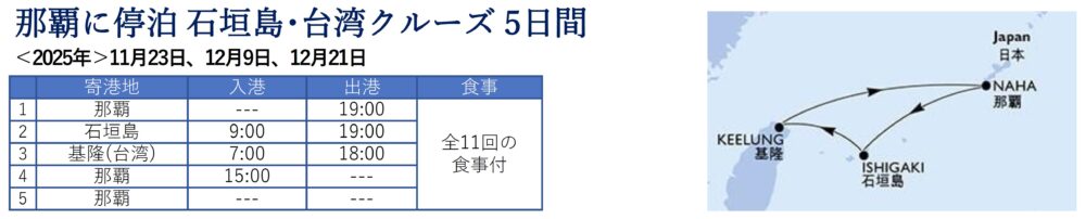 那覇に停泊 石垣島・台湾クルーズ 5日間: 11/23(日)-11/27(木)