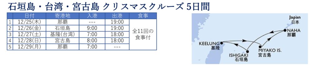 石垣島・台湾・宮古島 クリスマスクルーズ 5日間: 12/25(木)-12/29(月)